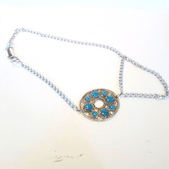 Vintage Southwestern Inspired Silver Tone Faux Turquoise Chain Belt - Picture 3 of 6